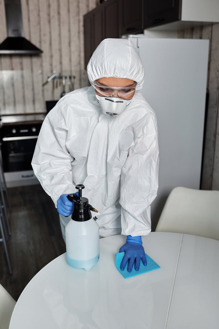 services-01 A person in full PPE disinfecting a table indoors for hygiene and safety.