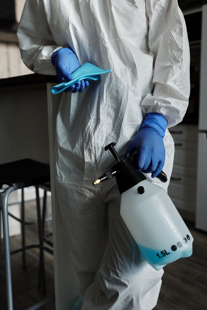 about-02 Individual in full protective gear holding disinfectant spray and gloves indoors for safety.